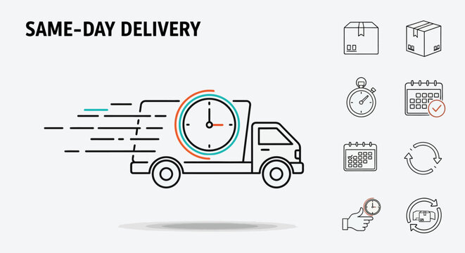 Same day delivery service icon with truck and clock.