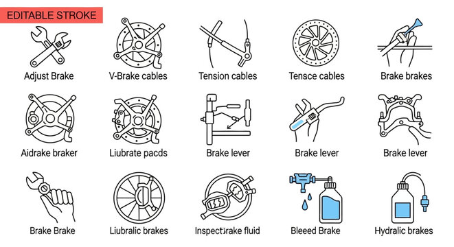 A collection of bicycle maintenance icons.