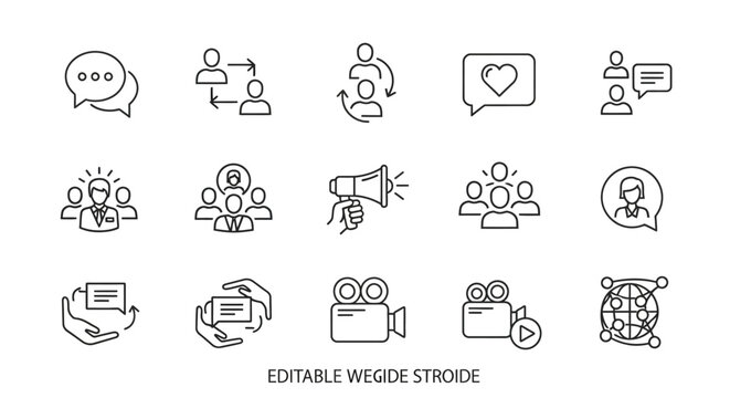 Editable vector icons for communication and media.