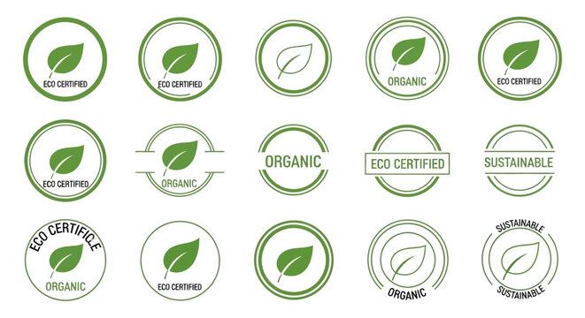 Collection of eco friendly certification labels.