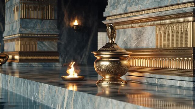 Ancient Egyptian Temple Interior with Gold Decorations, Torches, and Ritual Artifacts for Cleopatra Isis Worship Scene