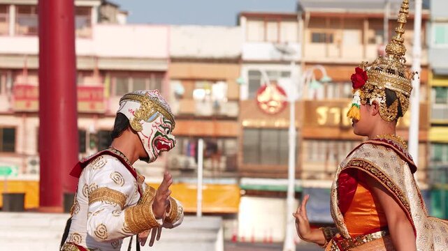Traditional Thai Khon Dance Performance of Hanuman and Suphannamatcha in Bangkok