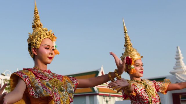 Thai Khon Dancers Performing Traditional Classical Dance at Bangkok Temple