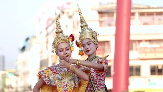Two Thai Khon Dancers Perform Traditional Classical Dance in Bangkok