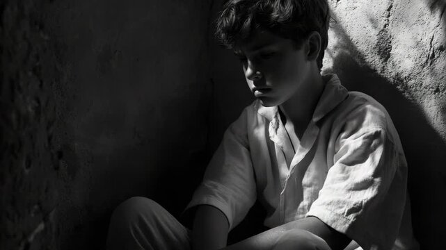 selective focus child sitting hunched in corner with hidden face and sadness