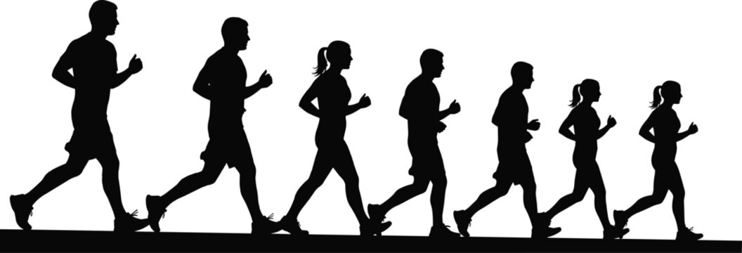Running people silhouettes in sequence isolated on white background representing fitness activity, jogging routine, healthy lifestyle and dynamic human movement concept