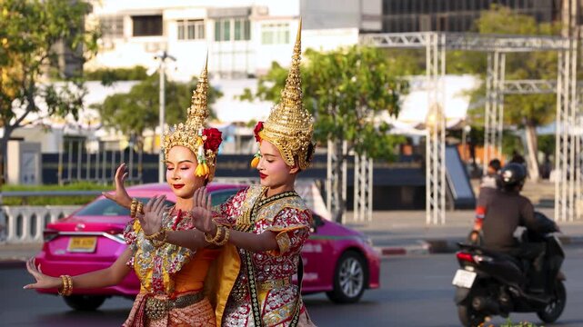 Two Thai Khon Dancers Perform Traditional Classical Dance in Bangkok City