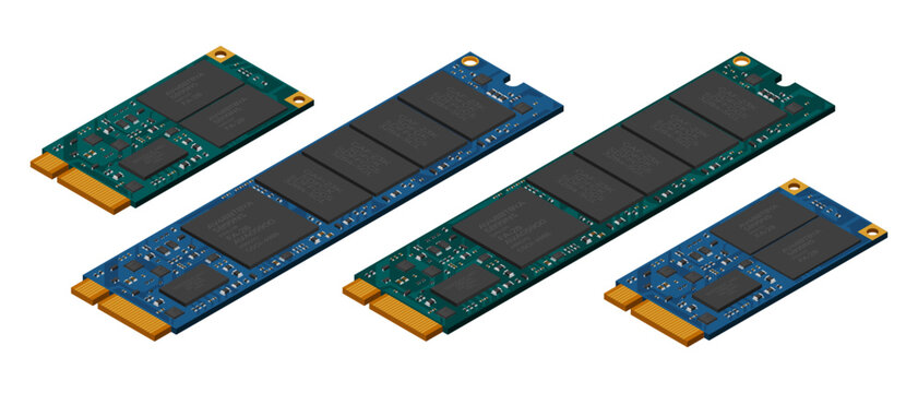 Set of isometric solid state drive. Drive ssd storage illustration. SSD M.2 illustration. Computer hardware components. Vector illustration