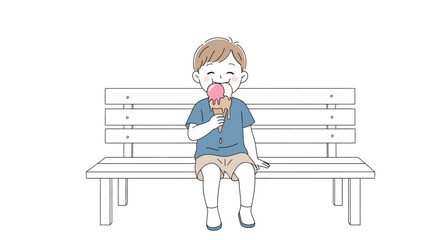 Boy eating ice cream on bench.