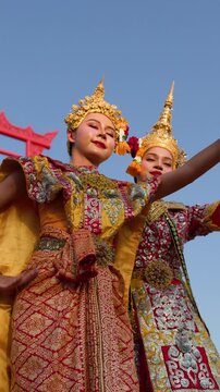 Thai Khon Dancers Performing Traditional Classical Dance at Bangkok Giant Swing