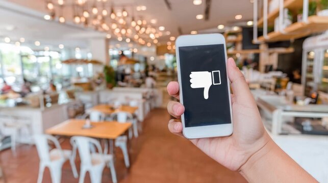 Woman holding smartphone with thumbs down icon on screen in cafe. Social media feedback, negative rating and customer opinion concept. Digital evaluation of restaurant service quality.