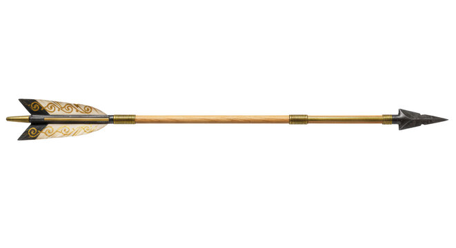 ultra-detailed photorealistic macro studio shot of a historical broadhead arrow with polished ash shaft and gold filigree on cream fletching, transparent background. Concept of ancient warfare