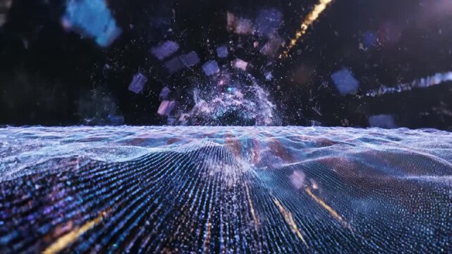 Abstract digital landscape featuring a flowing wave of blue and purple glowing particles and pixels on a dark background with depth of field bokeh and subtle lens flare highlights.
