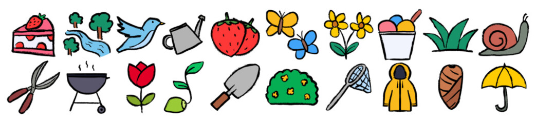 Fototapeta premium Garden nature icons crayon wax doodle style, rough textured hand drawn, spring backyard symbols, summer outdoor elements, plant life set, gardening hobby kit
