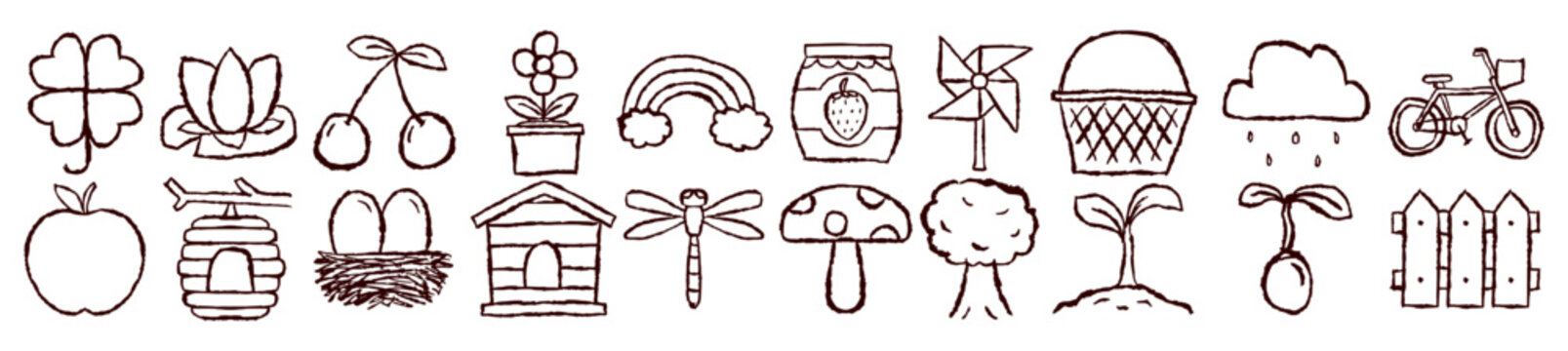 Nature garden doodle hand drawn, spring outdoors icons collection, scrapbook sticker set elements, rainbow cherry mushroom dragonfly bicycle basket clover tree