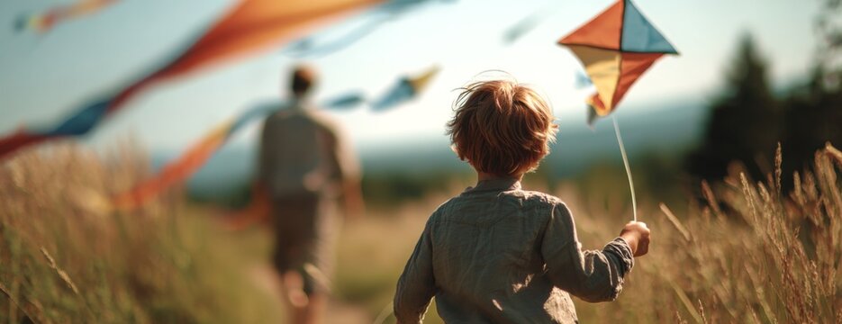 Child flying a colorful kite while walking in a field  