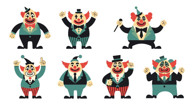 Cartoon clowns in various poses for entertainment and design