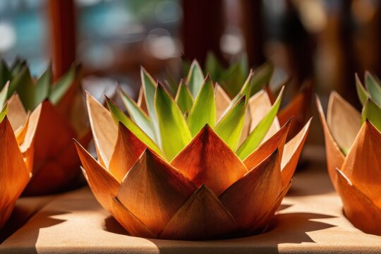 展示用の装飾的な鉢に並べられた明るい緑色の植物