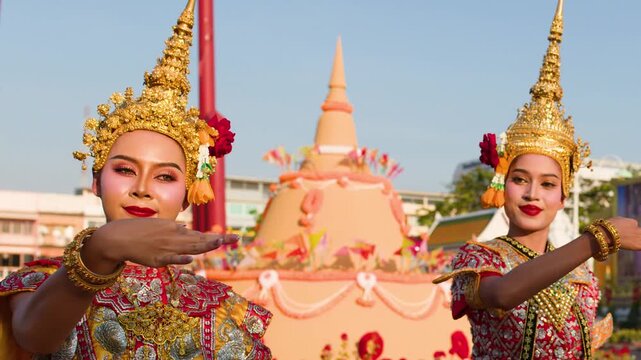 Traditional Thai Khon Dancers Perform in Front of the Giant Swing