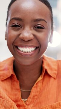 Face, creative and black woman with thumbs up in office for good news, agreement and bonus winner. Portrait, female person and dancing with gesture for yes sign, feedback and promotion achievement