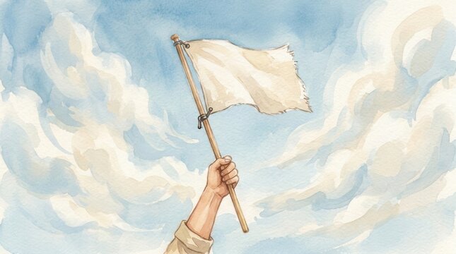 Watercolor illustration of hand raised high holding white flag against cloudy blue skies.