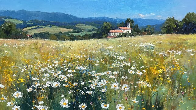Oil painting of old Irish cottage with wildflower meadow rolling hills background blue sky white clouds trees casting shadows on walls yellow flowers nostalgic vintage