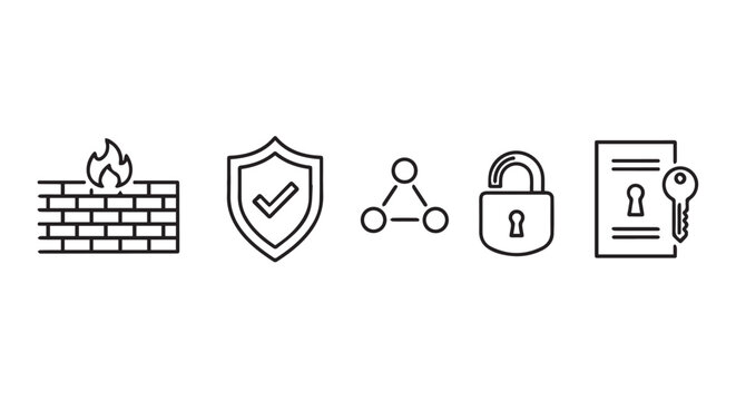 Cyber security icons set with firewall shield lock and key symbols