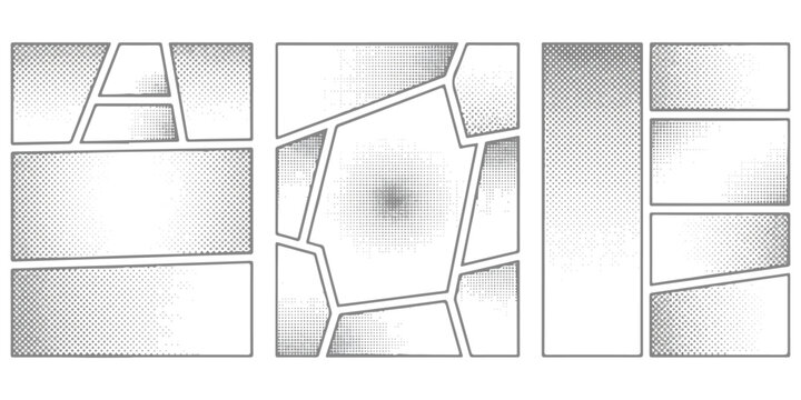 Comic book page layout template with various empty frames and panels for graphic storytelling