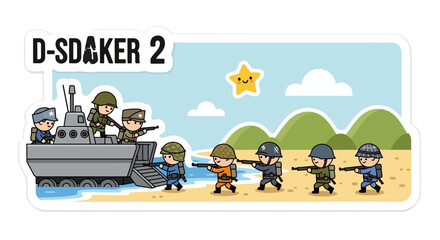 Naklejka premium Cartoon Soldiers Marching on Beach with Military Boat and Star.
