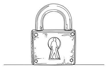 Padlock with keyhole revealing silhouette of person walking through doorway in minimalist continuous line art style © InsomniaVideo
