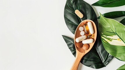 Naklejka premium A wooden spoon holds a variety of vitamin tablets on a white background, accented by a green leaf. Embrace holistic health with natural supplements for a vibrant lifestyl