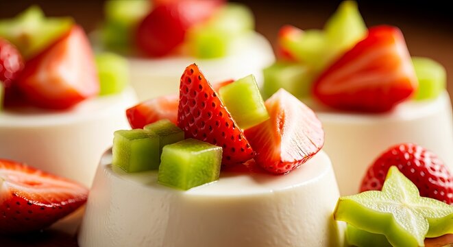 Panna cotta dessert topped with strawberries and green fruit cubes  