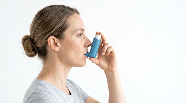 Side profile of a woman using a handheld inhaler, hair in a bun, wearing a light shirt, holding the device to her mouth as if treating breathing trouble. Asthma healthcare, medical respiratory.