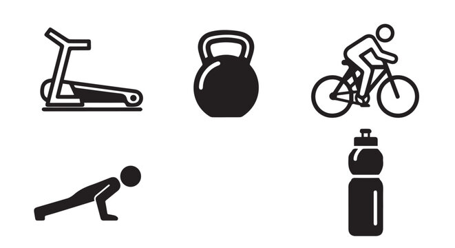 Gym equipment icons set with treadmill kettlebell and cycling silhouettes