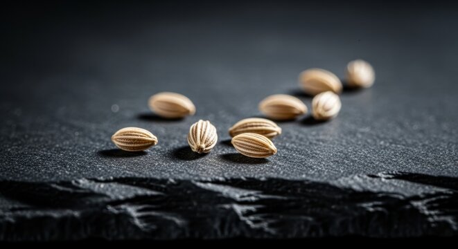 Extreme close-up of ajwain seeds on a dark slate surface with shallow depth of field