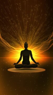Yoga enlightenment chackras. Man silhouette enlightened yoga meditation pose chackras symbols appearing body glowing auras yoga meditation space energy at night, fantasy view, health, esoteric, magic.