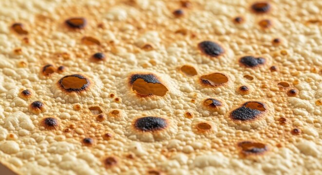 Extreme close-up of a perfectly roasted papad with charred bubbles and golden texture