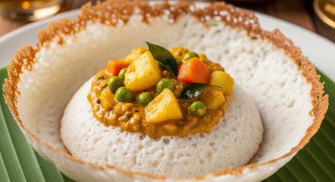 Appam with vegetable curry served in a traditional bowl on a banana leaf