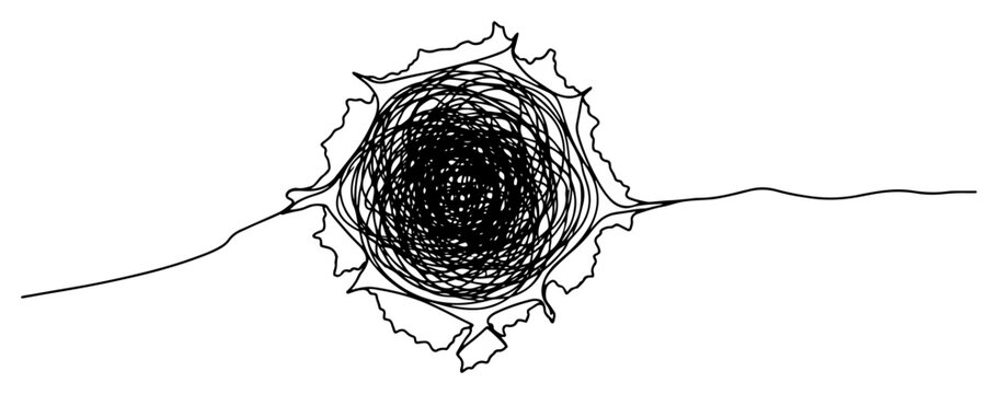 Surface crack revealing dense scribbled mess in minimalist linear style