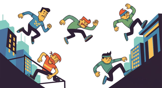 Cartoon figures running across rooftops in urban environment