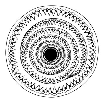 Hypnotic circular mandala pattern made of concentric rings of sharp teeth and shapes