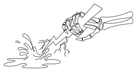Skeleton hand holding lightning bolt striking liquid pool in minimalist line art style © InsomniaVideo