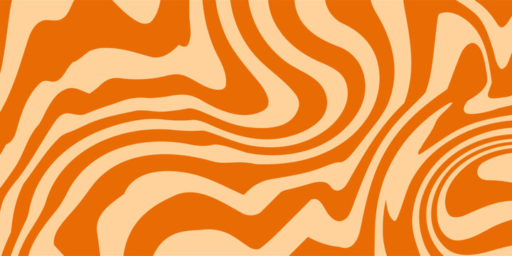 Retro caramel line background. Salted caramel liquid desert texture. Wavy swirl candy pattern for poster, cover, banner, pamphlet. Orange nougat hippie wallpaper in 60s or 70s style. Vector