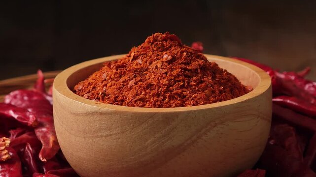 Chili powder in a wooden bowl.	