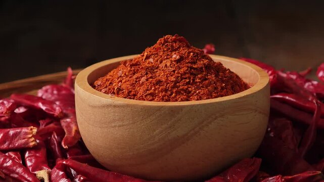 Chili powder in a wooden bowl.	