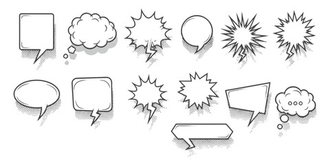 Set of hand drawn comic speech bubbles and thought clouds with halftone dots for graphic design ©  Designer