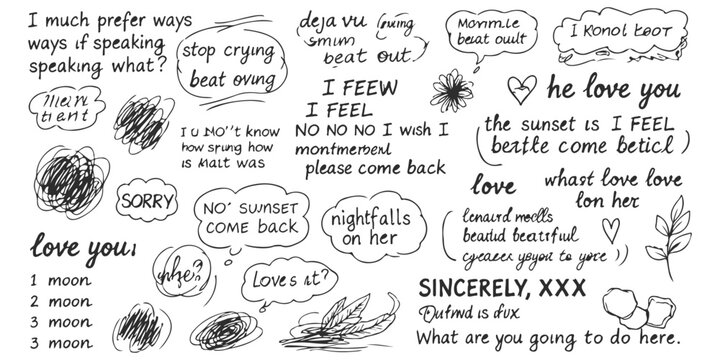 Set of hand drawn speech bubbles with romantic phrases and scribbles on a white background