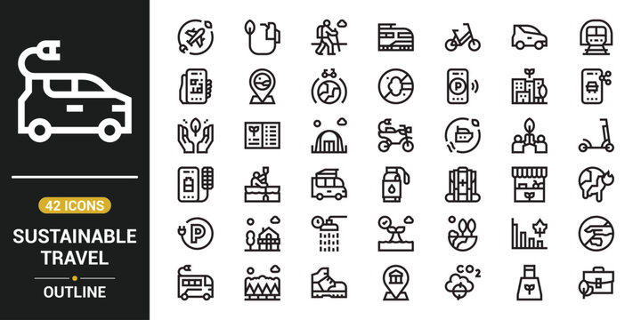 Eco friendly travel line icon collection, sustainable tourism and green transport vector symbols, nature conservation, carbon footprint and environmental outline icons set