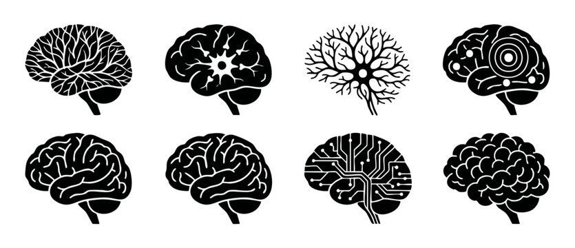 Human Brain Icon Set Collection, Artificial Intelligence Digital Mind Symbols, Anatomical Neural Network Graphics, Tech Innovation and Psychology Concepts, Minimalist Vector Black Shapes on White Back