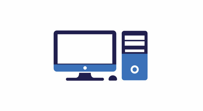 Desktop Computer Icon with Monitor Screen CPU Tower and Mouse Flat Blue Vector Illustration for Technology Design